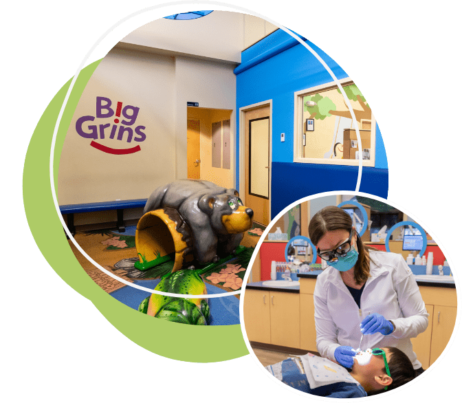 collage image of dentist working on patient, inside of dentist office