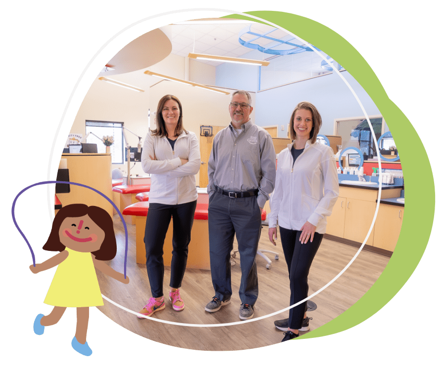 three dentist smiling at dentist office, graphic of girl jump roping